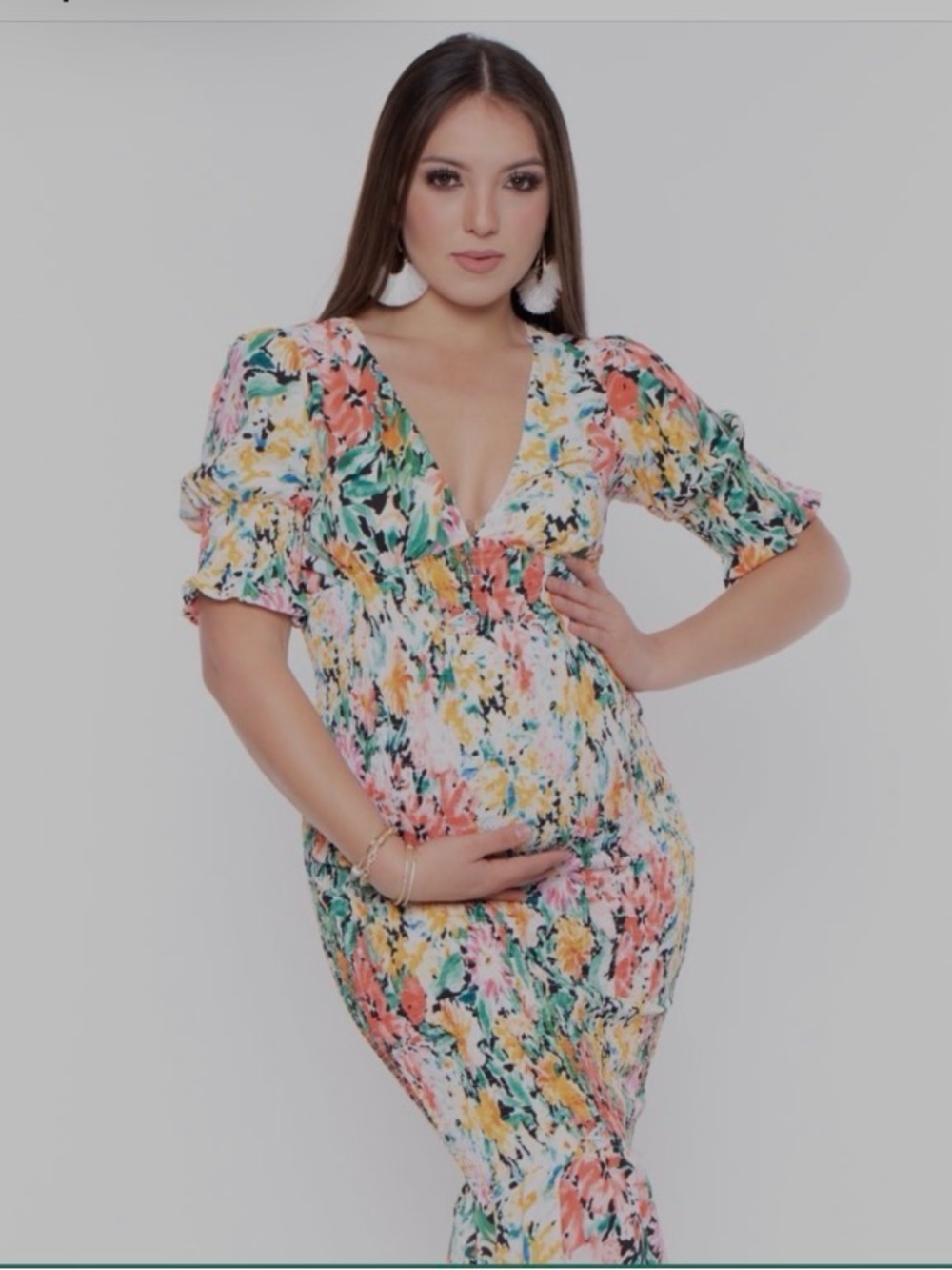 V-Neck Maternity Midi floral Dress Multi-Color